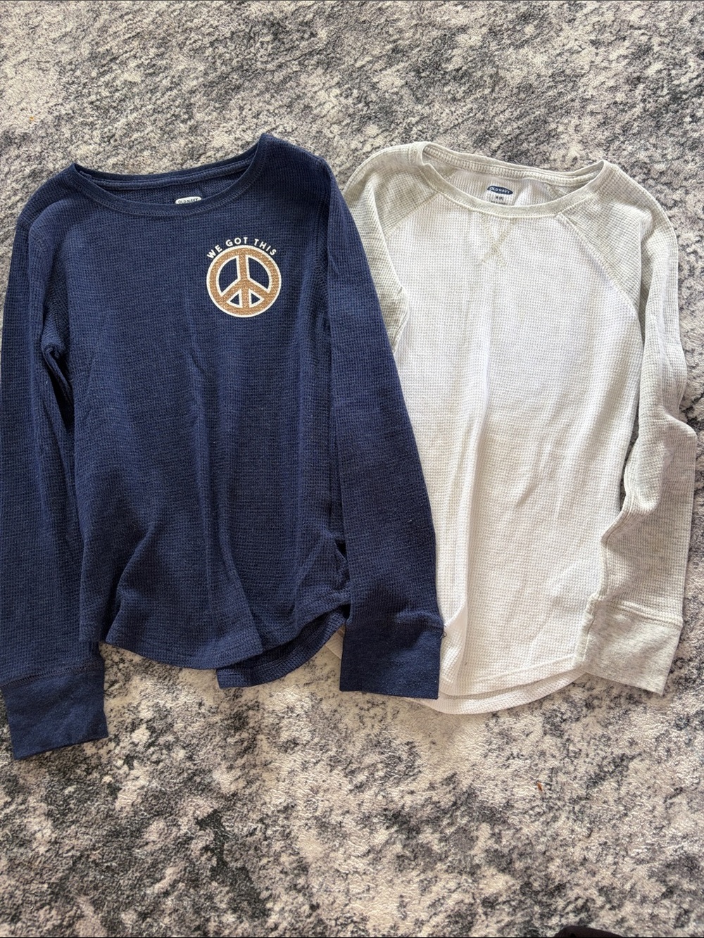 Old Navy Navy & Cream Long-Sleeve Waffle Tops with Peace Patch